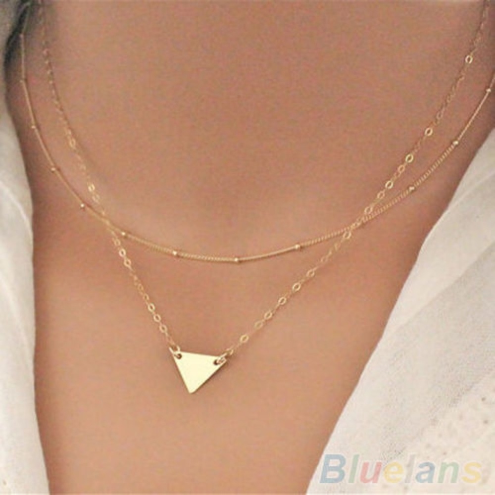 Pretty gold triangle pendant layer choker necklace